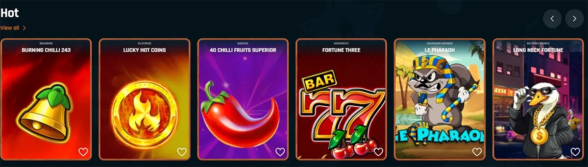 “Hot games carousel featuring slot tiles for Burning Chilli 243, Lucky Hot Coins, 40 Chilli Fruits Superior, Fortune Three (BAR 777), Le Pharaoh, and Long Neck Fortune, with heart icons for favourites.”