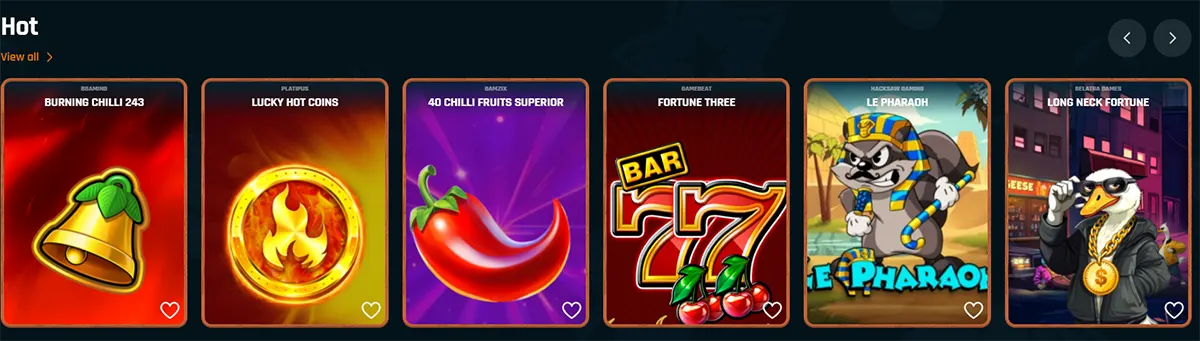 “Hot games carousel featuring slot tiles for Burning Chilli 243, Lucky Hot Coins, 40 Chilli Fruits Superior, Fortune Three (BAR 777), Le Pharaoh, and Long Neck Fortune, with heart icons for favourites.”